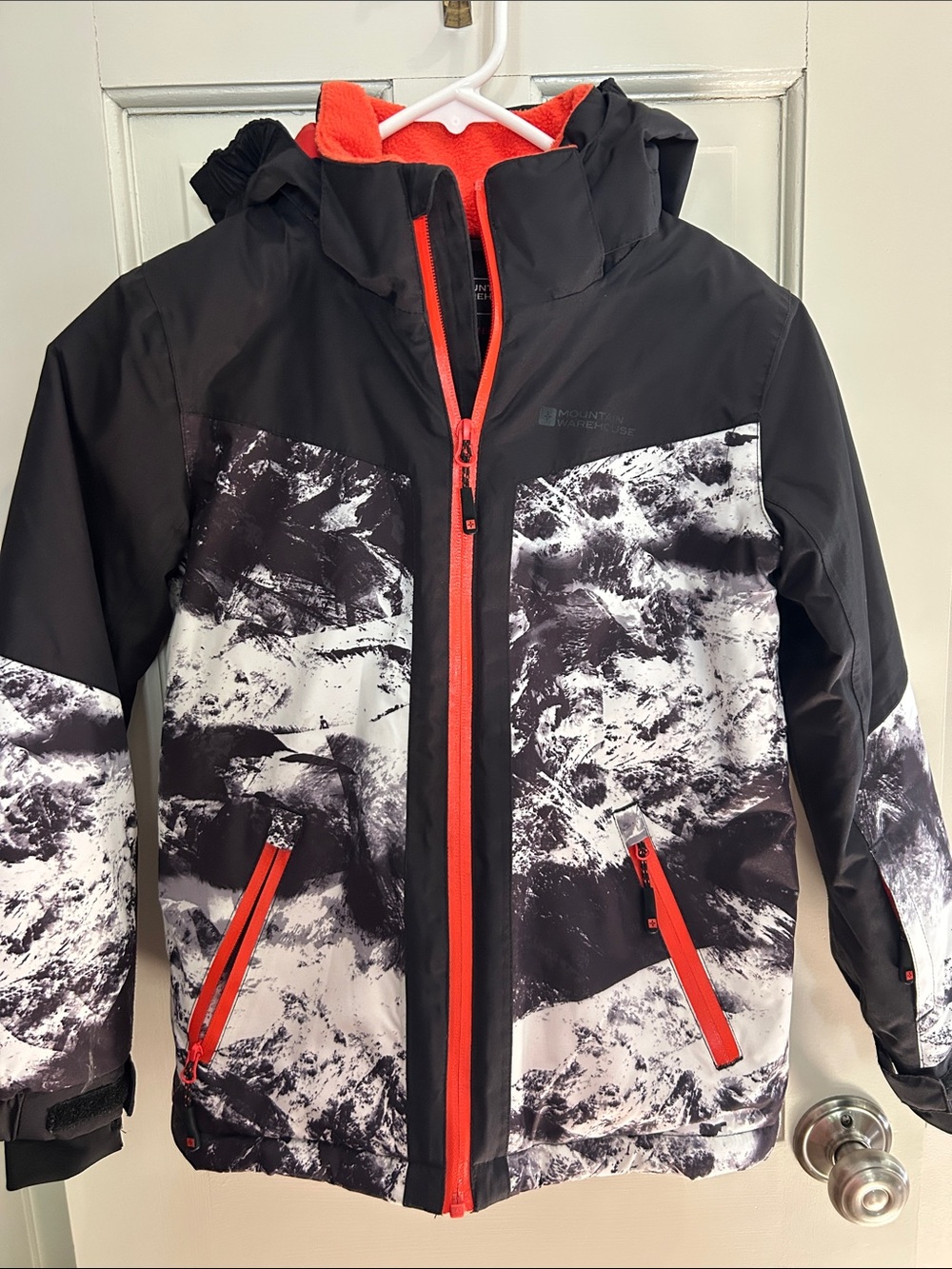 Kids Black & White Print Insulated Ski Jacket with Bright Orange Trim